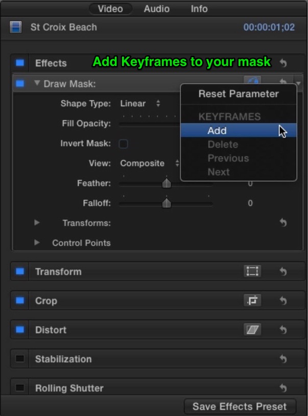 Add keyframes to all of the mask parameters.